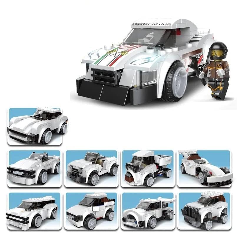 White and black "Multificence" racing car model building blocks set (181 pieces, Ages 6+), forming a sports car with a driver minifigure. Ideal learning kit for kids and aspiring builders from usmile.toys. www.usmile.toys